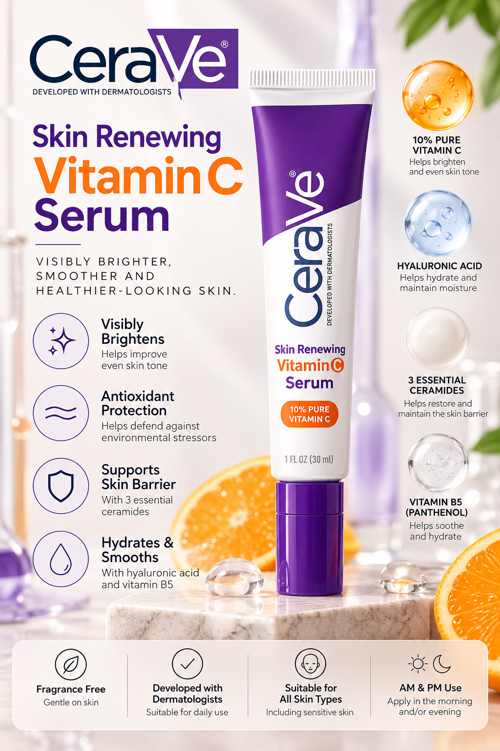 CeraVe Vitamin C Serum with Hyaluronic Acid With 10% Pure Vitamin C