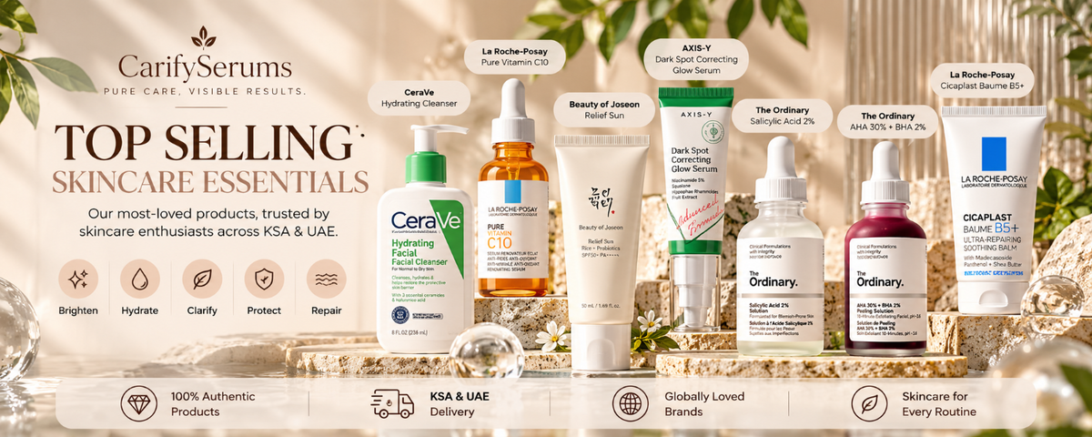 A promotional banner for CarifySerums showcasing a lineup of top-selling skincare essentials from various brands including CeraVe, La Roche-Posay, Bioderma, and The Ordinary, arranged on a decorative gold tray with a warm, golden background.